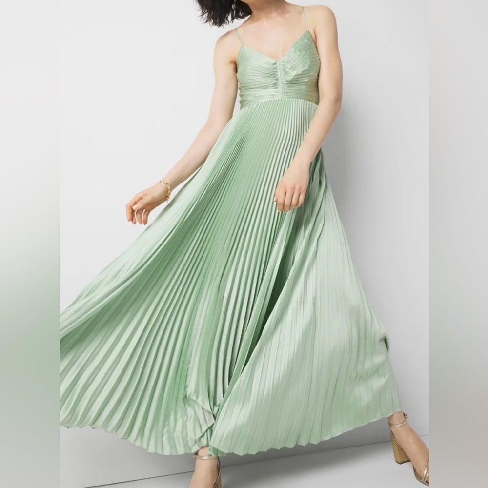 White House Black Market Sage Mint Green Thin Straps Pleated Satin Maxi Dress